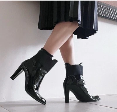 Stuart Weitzman Black Patent Leather Cut Out Heeled Booties Size 6 - Image 1 of 4