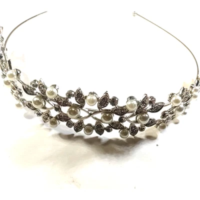 Headband Pearl Beads Rhinestones Silver Tone tiara Party Church - Image 1 of 4