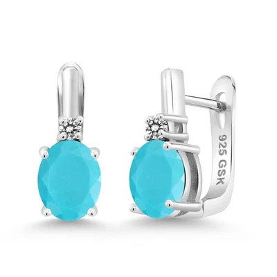 925 Sterling Silver Green Turquoise and Diamond Earrings For Women (3.13 Cttw, - Image 1 of 4