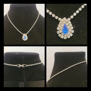 Vintage Blue & Clear  Rhinestone Choker Necklace Tear Drop - Picture 1 of 9