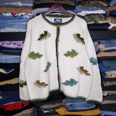 Cárdigan suéter de colección Rey Wear tejido a mano para mujer hojas de otoño botón XL algodón Foto 1 de 4
