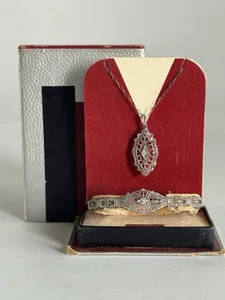 ESEMCO Sterling Rhodium Art Deco filigran Armband & Anhänger Halskette Set signiert - Bild 1 von 20