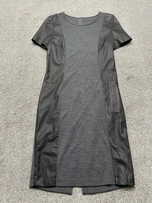 St John Dress Womens 4 Gray Black Wool Leather Panel Short Sleeve Sheath Midi - Image 1 of 4