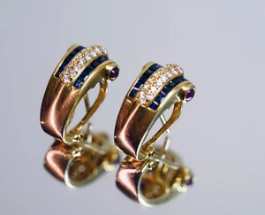 VTG Art Deco Revival 18k Gold Earrings Sapphire Diamond Ruby Omega Clips 10.77g - Picture 1 of 19