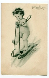 POSTAL CÓMIC A/S Bebé Desnudo Conducir Trineo HAPPY DAYS Publ Chas Clark 1912 - Imagen 1 de 2