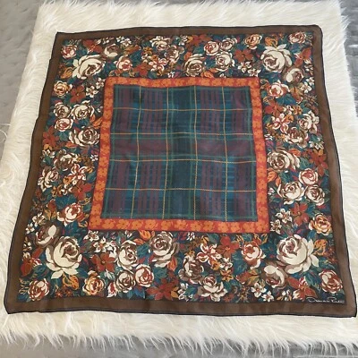 Bufanda de seda vintage Oscar de la Renta marrón, rojo, verde floral/a cuadros 31 X 31 Japón Foto 1 de 4