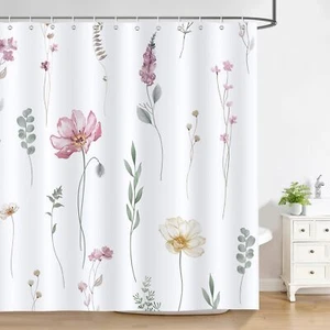 Watercolor Floral Shower Curtain Pink Beige Flower Green Leaves Modern Minima... - Picture 1 of 7