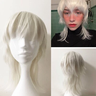 Peluca cosplay unisex blanca de longitud media con flecos rectos en capas salmonete Foto 1 de 4