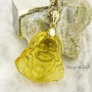 Jade Smiling Yellow Buddha Good Fortune Rope Chain Necklace 14k Gold Finish - Picture 1 of 9