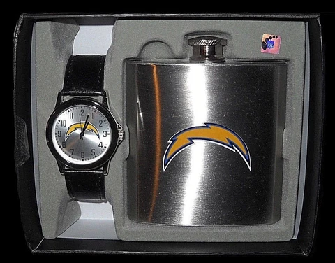 SAN DIEGO CHARGERS Mens WATCH & FLASK Gift SET Stainless Steel New in Box NFL Cover