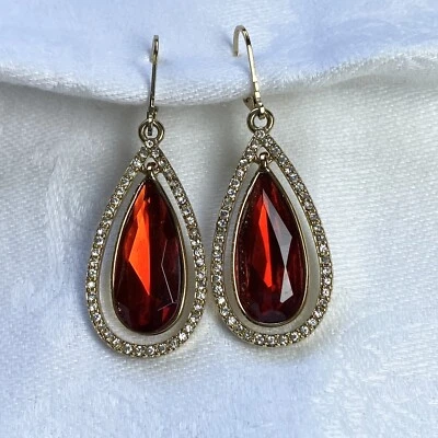 ANNE KLEIN Red Teardrop Clear Rhinestones Gold-Tone Dangle Drop Party Earrings - Image 1 of 4