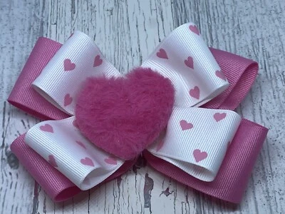 Set of 2 Valentine Stacked Boutique Hair Bow Pink Heart Silver Glitter - Image 1 of 4