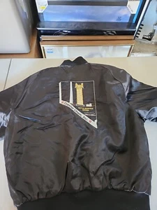 Vintage Black Silky Jacket Coastal Chem, INC Embroidered Size LG Hilton Brand - Picture 1 of 12