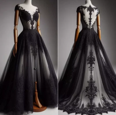Gothic Black Wedding Dresses V Neck Cap Sleeves Lace A Line Tulle Bridal Gowns - Image 1 of 4
