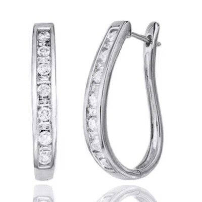 1.00 Carat Round & Baguette Real Diamond Solid 10K White Gold Hoop Earrings - Image 1 of 4