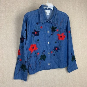 Studio Works Womens Top M Blue Denim Button Up Long Sleeve Jean Floral Cottage - Picture 1 of 12