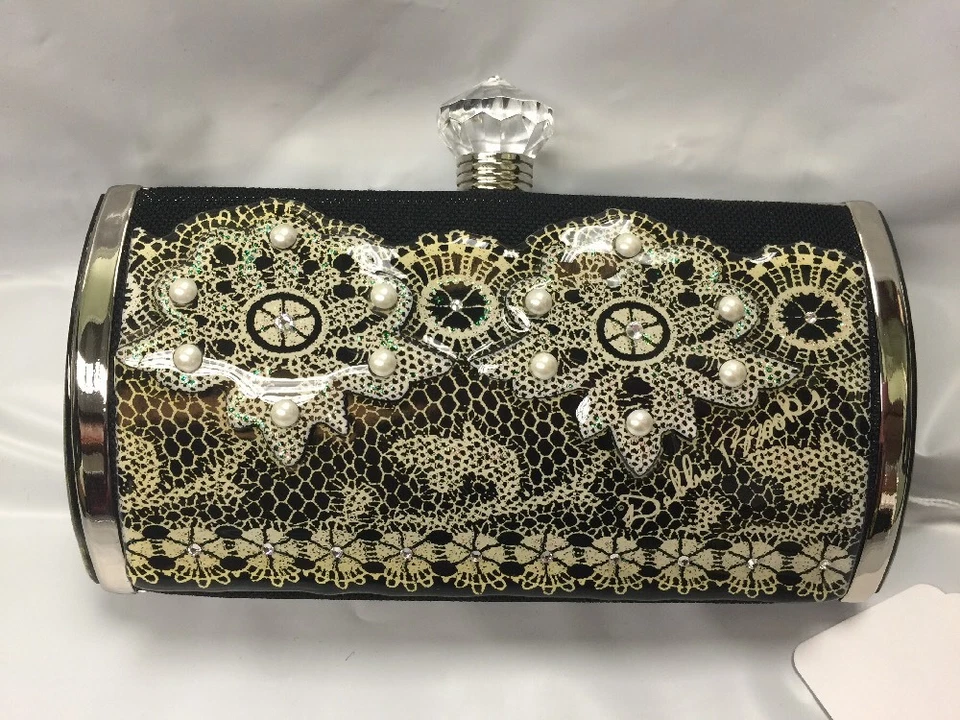 Debbie Brooks Negro Satinado Plata Bolso sin asas Bolso de noche Cartera Encaje Perla Nuevo Foto 1 de 4