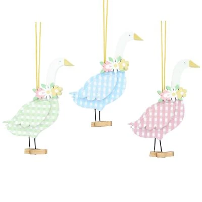 Gisela Graham Floral Pastel Geese Easter Decorations Set of Three with Twine