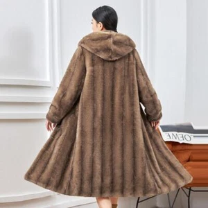 Womens Hooded Real Mink Fur Mid Long Coat Jacket Lapel Collar Overcoat Plus size - Picture 1 of 4