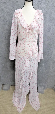 魅力连衣裙女式 US 6 粉色水彩花卉长裙长袖荷叶边新品 — 第 1/4 张图片