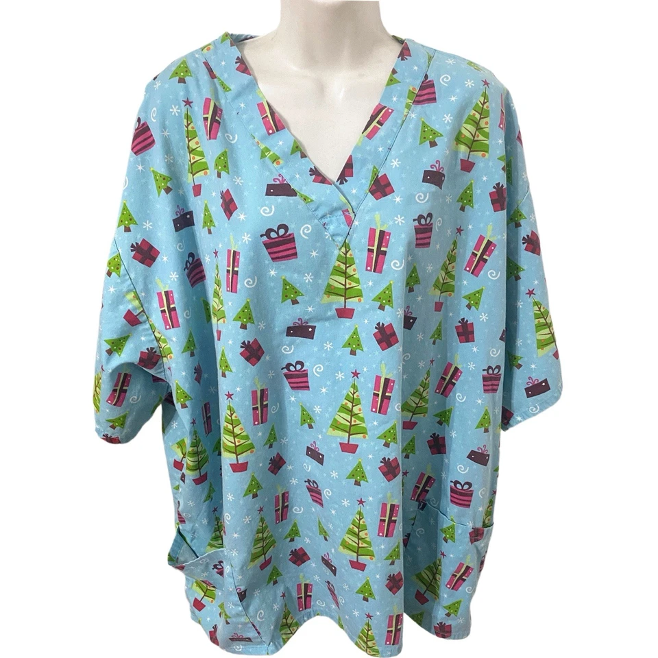 Melrose by May-Hill Uniforms SZ Unisex 3XL Christmas Tree Scrub Top V-Neck - Image 1 of 4
