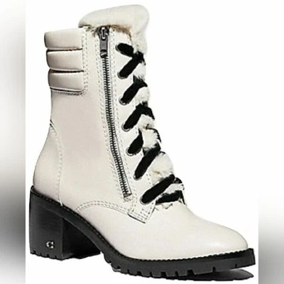 Coach Designer Jenna Cream Lugged Heel Zip Up Ivory Leather Fur Boots - Size 9 - Image 1 of 4