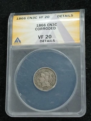 1866 CN3C VF 20 Details CORRODED 3C Nickel  TP 10612 - Image 1 of 4