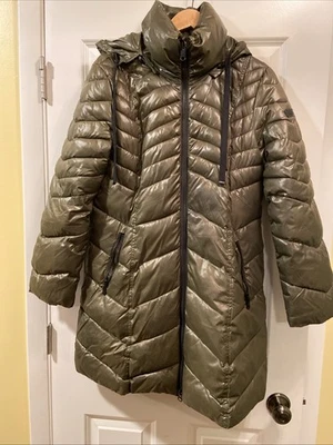 Sam Edelman пуховик Midi женщин Sz L оливковый пальто капюшон - Изображение 1 из 4