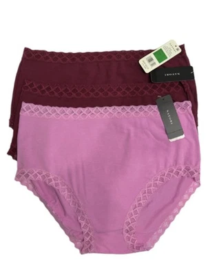 Natori Bliss Cotton Bikini Panties Set of 3 Large Pink & Wine Lace Trim NWT  - Image 1 of 3