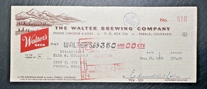1962 WALTER BREWING CO CANCELLED CHECK WITH GRAPHIC, SIGNED E KOLLER FP162 - Picture 1 of 9