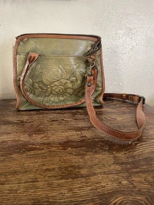 PATRICIA NASH sage Green Tooled Italian Leather Handbag Crossbody 10x8x3” Brown - Image 1 of 4