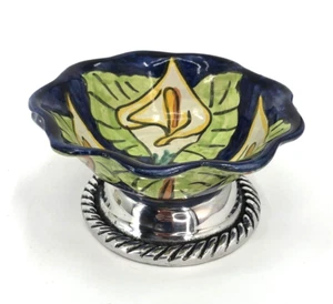 Talavera Folk mexikanische Keramik Calla Lilie kanneliert handbemalt Schale Zinnsockel - Bild 1 von 11