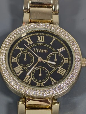 Vivani Crystal Accent Round Gold Tone Case Stainless Steel Band Watch - Image 1 of 4