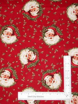 Christmas Santa Claus Fabric Faces Red Holiday Cotton Fabric Traditions Yard - Image 1 of 2