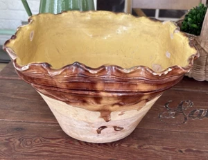 Antique French Pottery Glaze Earthenware Planter Bowl Scalloped Pie Crust Edge - Picture 1 of 15