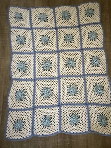 Crochet Baby Blanket Lap Afghan Hand Made Blue & White Striped Approx. 35" x 47" - Picture 1 of 7
