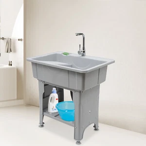 Freestanding Plastic Laundry Sink with 360° Rotatable Faucet & Washboard Grey - Picture 1 of 20