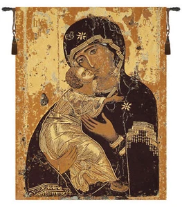 Madonna Di Vladimir italienischer Wandteppich - Jacquard gewebt mit Goldverzierungen - Bild 1 von 5