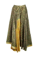 Boho Gypsy Hippy Green Paisley Design Maxi Skirt Full Flared Divided Skirts ML