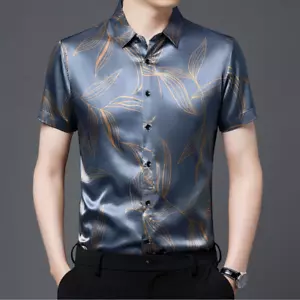 Uomo Lucido Raso Top Camicetta Seta Camicia Formale Manica Corta Casual Vintage - Foto 1 di 12