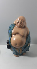 Vintage Chinese Ceramic Statue Happy Buddha Standing Blue Flambe Signed Nerima.C