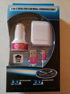 New SOLARAY 3 In 1 Dual USB Car & Wall Charger With Micro USB Cable, White & Pnk - Picture 1 of 2