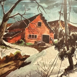 Tarjeta de Navidad De Colección Mcm Rojo Granero Helen Fleming Brillo Patio Cubierto de Nieve - Imagen 1 de 9