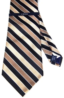 NEW IZOD 100% SILK TIE CANDY STRIPED NWT GOLD, BROWN & BLACK 57" CLASSIC PREPPY - Image 1 of 4
