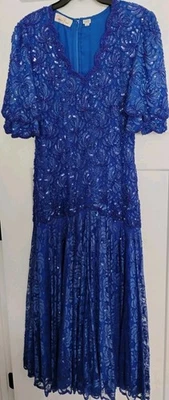 复古 Lawrence Kazar 蕾丝长裙蓝色串珠亮片 SS 鸡尾酒晚礼服 M/L — 第 1/4 张图片