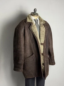 Vintage Shearling Real Leather Jacket Made In Italy Brown Men's XL 52 - Picture 1 of 16