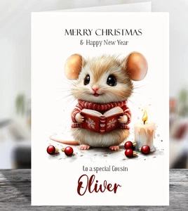 Biglietto Auguri Natale Personalizzato Carino Topo con Libro Lucido Novità - Foto 1 di 3