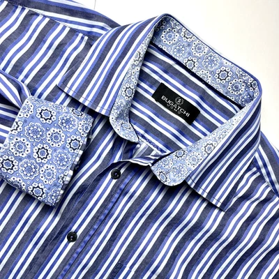 Bugatchi Uomo Shirt Men XL Long Sleeve Striped Button Front Blue Flip Cuffs - Image 1 of 4