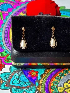9ct Gold.Earrings Tear Drop(.Simulated Pearl.)Used - Picture 1 of 13