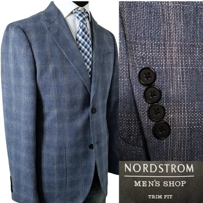 Nordstrom Mens Blue Plaid Unstructured Hopsack Blazer 40R Trim Sport Coat Jacket - Image 1 of 4